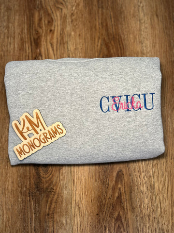 Custom Embroidered Stacked Name Sweatshirt – Script & Varsity Font